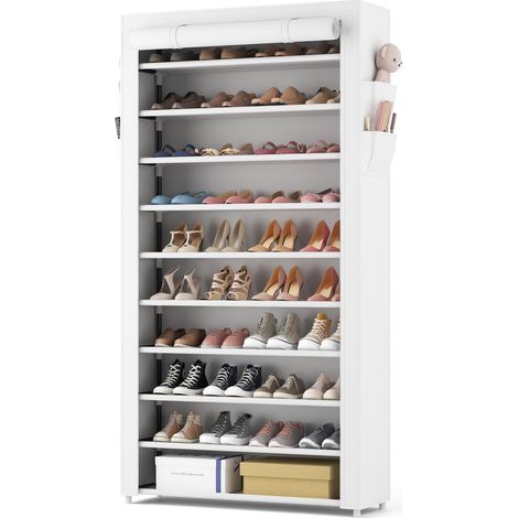Étagère à Chaussures en Tissu à 11 Niveaux, Magasin à Chaussures avec Couverture en Tissu Anti-poussière, Grande capacité pour 34-44 Paires, Convient pour Bottes, Talons, Baskets, Blanc (1/5)