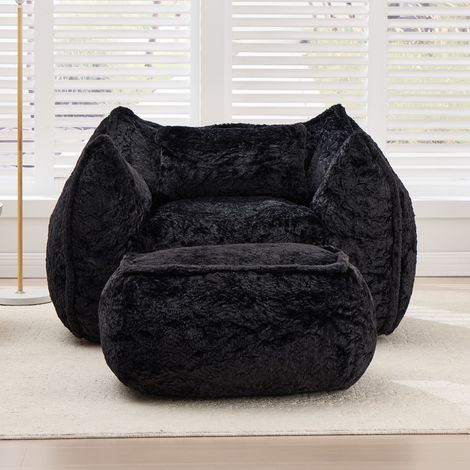 Pouf géant en fausse fourrure pour adultes et enfants, avec coussin et repose-pieds, idéal pour lire et jouer dans une chambre ou un salon. Couleur : noir. (1/4)