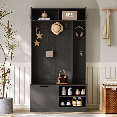 Set mobili d'ingresso guardaroba, armadio d'ingresso completo con panca, 6 ganci, 1 porta e 4 spazi di contenimento aperti, 40x100x185 cm, Nero (1/5)