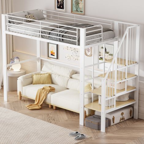 lit mezzanine rangement escalier 90x200 métal blanc HAVRYA (1/5)