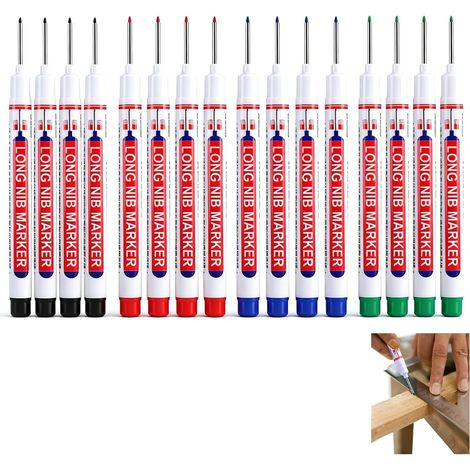 Marqueurs Trou Profond, Stylo Marqueur Charpentier Indélébile à Pointe Fine de 20 mm - Pack de 16 Marqueurs Colorés en Rouge, Bleu, Vert et Noir - pour Marquages Précis dans les Zones Difficiles d’Acc (1/5)