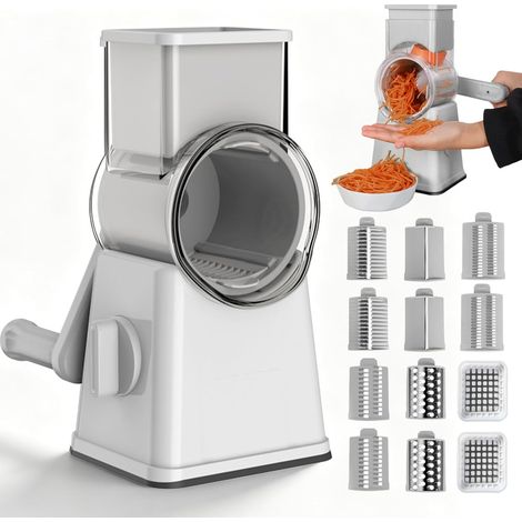 Coupe Légumes Râpe à Fromage Manuelle avec Manivelle 6 Lames de Tambour Mandoline Multifonction Râpeuse Légumes pour Fromage Carotte Concombre Noix Blanc (1/5)