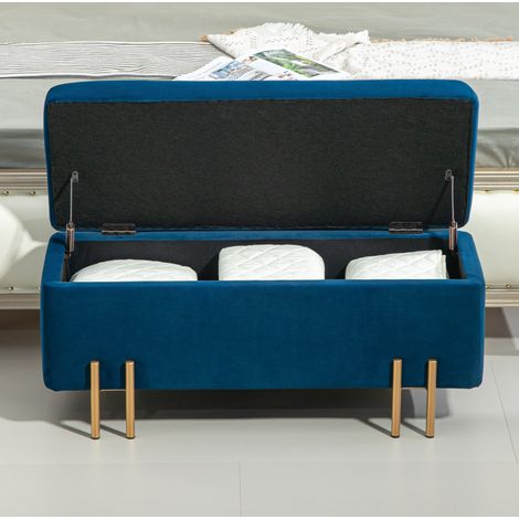 Panca contenitore imbottita con vano, tessuto blu scuro 100 x 40 x 42 cm OKMYHOME (1/5)