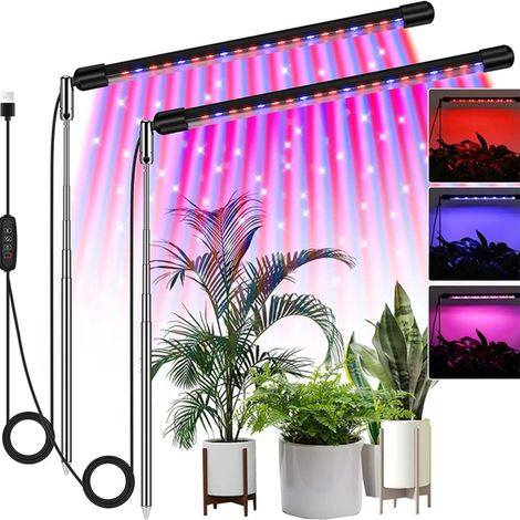Lampe LED plantes d'intérieur, secteur/USB, timer 3/9/12h, 10 niveaux (Rouge/Bleu/5500K) (1/5)