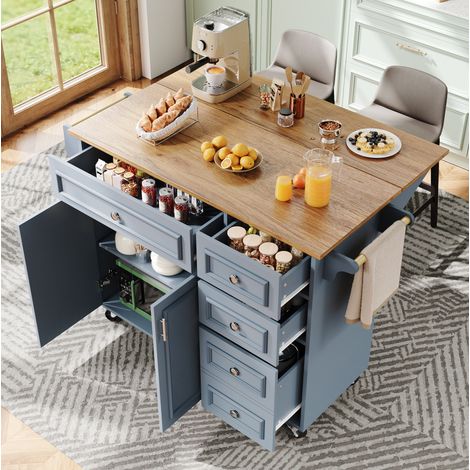 Kücheninsel(110×45-75×92cm),Modernes Küchensiland, Küchenschrank, Abnehmbare Servierwagen buffetschrank, Speisewagen mit Vintage-Muster, buffetschrank, Multifunktionale Esstisch mit Speicherraum,Blau (1/5)