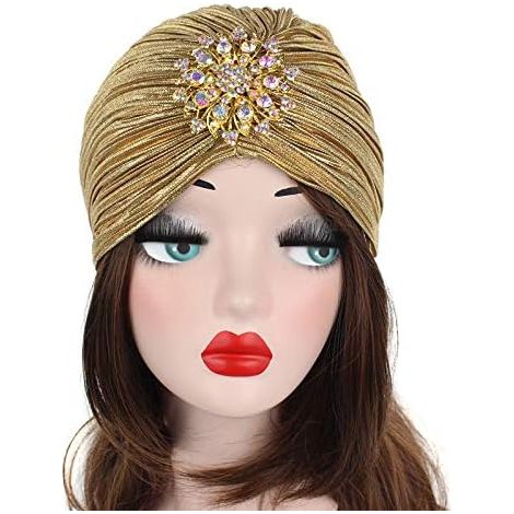 Turban JeiibrZui pour femme - Taille unique - 1 pièce avec broche en cristal et plumes - Noir et or - Accessoire de costume pour soirée Gatsby années 20 ou carnaval (1/5)