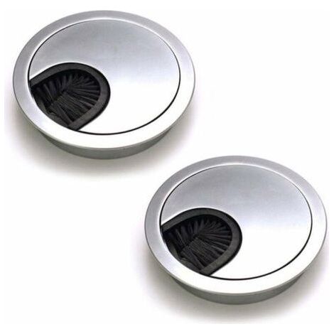 Lot de 2 Passe Câbles Ronds Encastrables, Passe Cable Fil Métal Acier Brossé Design, Rangements de Câbles pour Table de Bureau Diamètre 60 mm - Argent Perle Chrome (1/5)