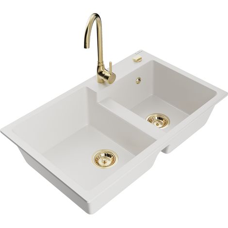 Mexen Tomas fregadero de granito de 2 senos con grifo de cocina Telma, blanco - 6516-20-670200-50 (1/5)