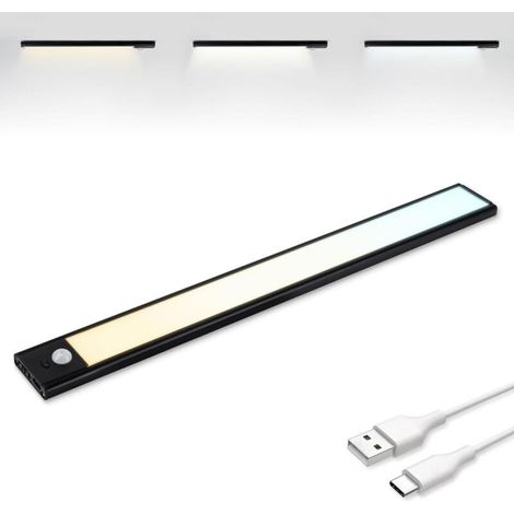 Réglette Led Armoire Detecteur Mouvement, Reglette Led Rechargeable USB-C, 3 Températures de Couleur, Led Dressing, Lampe de Placard, Dimmables, Bande Magnétique pour Armoires, Couloirs, 40cm, Noire