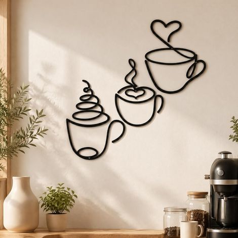 3 Pièces Deco Murale Metal Tasse à Café Noir Decoration Mur Exterieur Décoration Murale Art Linéaire Minimaliste Tableau Mural pour Salon Cuisine Salle de Bain Chambre Déco Intérieure Moderne (1/5)