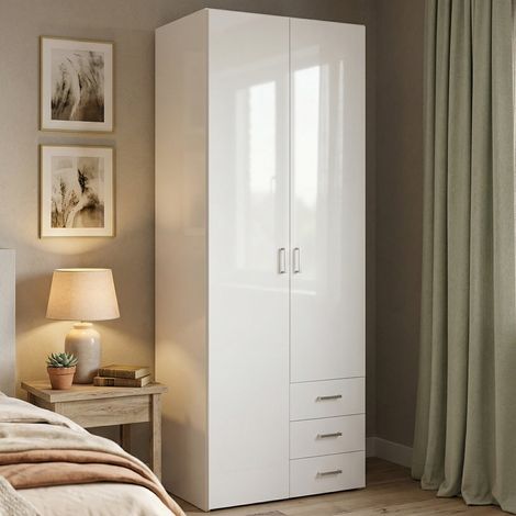 Guardarropa 2 Puertas Apollina, Armario Dormitorio Perchero, 49.5x200.4h cm Blanco Brillante (1/5)