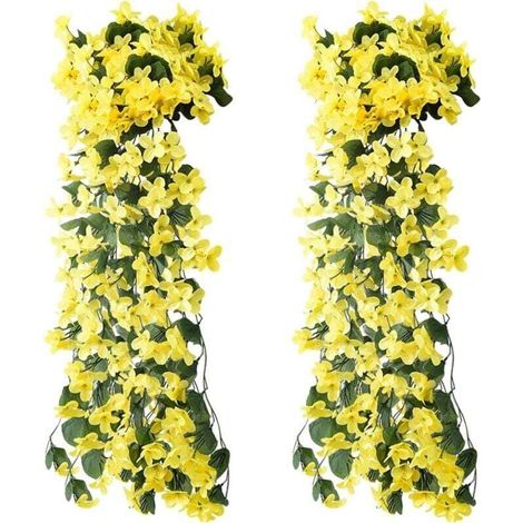 UlisemLot de 2 fleurs artificielles suspendues - Fleurs artificielles - Violet - Glycine - Plantes suspendues - En plastique - Pour bureau, maison, fête, mariage, décoration de maison - Jaune