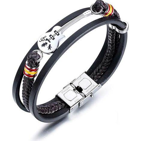 Bracelet en cuir tressé pour homme, bracelet en acier inoxydable de style guitare avec boucle de sécurité, noir (1/5)