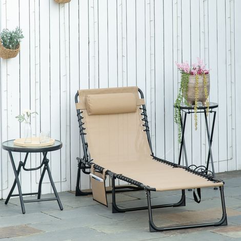 Chaise longue de jardin pliante avec dossier inclinable 5 positions et coussin. 185 x 58 x 30 cm. Beige.