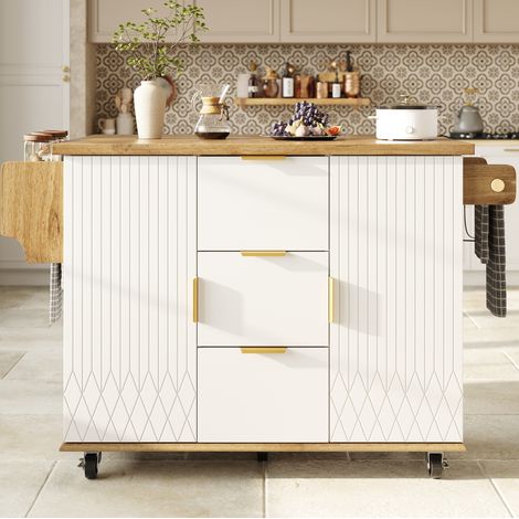 Mueble de cocina móvil con tablero abatible, enchufes y ruedas, blanco DESVIAE (1/5)