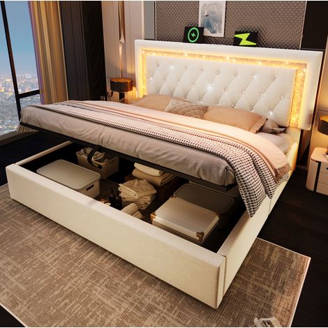 MEUBLIV Letto 140x200 cm beige con contenitore idraulico e LED, senza materasso (1/5)