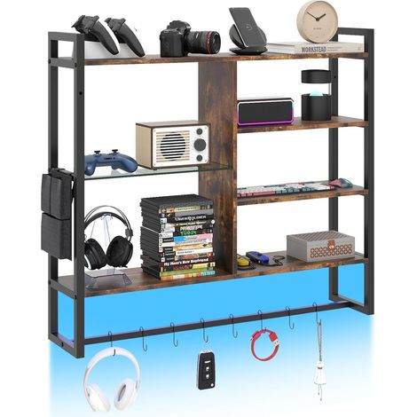 COSTWAY Mensola da Parete 107 cm,Scaffale a 6 Livelli con Luci LED, 8 Ganci e Tasca Laterale,Nero (1/5)