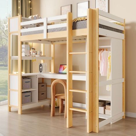 Lit Mezzanine 90x200 cm avec Bureau, Armoire, Multiples Étagères - Lit simple - Bois de Pin Massif, Sécurisé, Gain Place, Naturel (1/5)