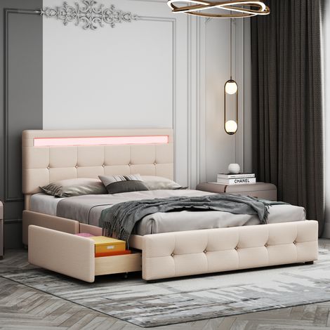 Lit capitonné 140 x 200 cm avec LED, sommier à lattes et coffre de lit sur roulettes, lit simple avec dossier et 4 tiroirs, surface en lin douce pour la peau, lit d'enfant, lit pour adolescent, lit d'