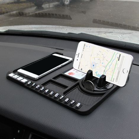 Universelle Anti-Rutsch-Automatte mit multifunktionaler Parknummernkartenhalterung, Handyhalterung und Armaturenbrettabdeckung (schwarz)