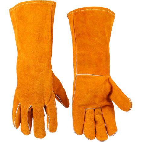 MINKUROW Schweißhandschuhe Hitzebeständige Handschuhe Feuerfeste Handschuhe für Holzbrenner Kuhspaltleder Schweißhandschuhe Rigger Handschuhe BBQ Holzofenhandschuhe (14 Zoll)