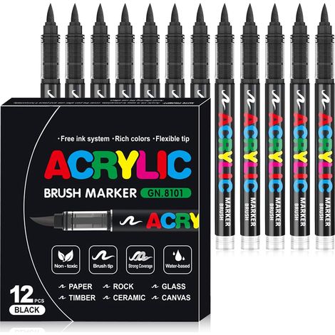 Acrylmarker – 12er-Pack – Schwarze Tinte – Flexible Spitze – Für Holz, Stein, Leinwand, Keramik (1/5)