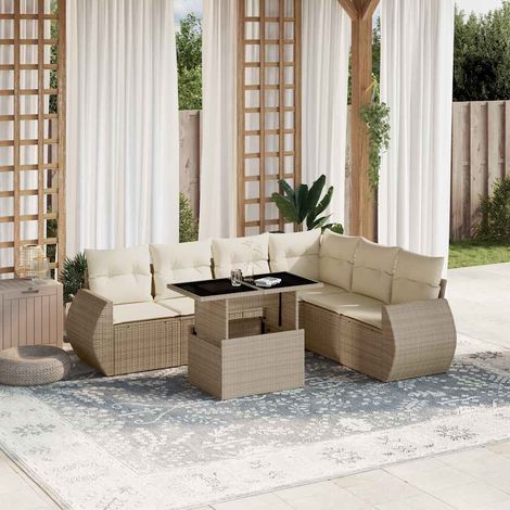Canapé de jardin 7 pièces en résine tressée beige avec coussins amovibles – Table réglable 100x55 cm (1/5)