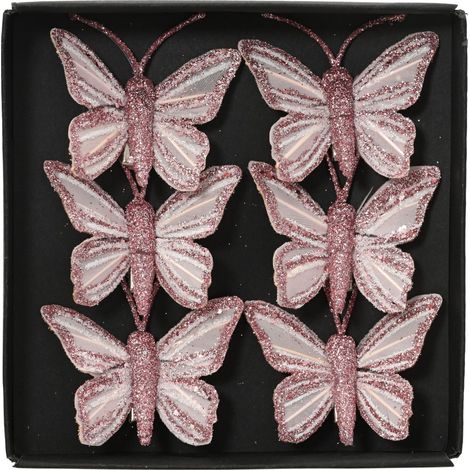 Set 6 farfalle in piume con clip 5 x 3,5 cm rosa Peraga Christmas