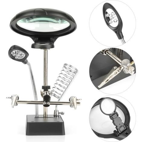 Lupa de precisión con pinza ajustable, luz LED integrada, aumento de 2,5x / 7,5x / 10x, construcción robusta en color negro.