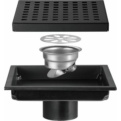 Siphon de sol de douche carré avec couvercle de grille amovible, acier inoxydable SUS 304, noir