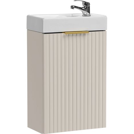 Furnidea - Ensemble meuble lave-mains suspendu ADEL cachemire avec le lavabo FIKA 40 cm - une porte, façades rainurées (1/5)