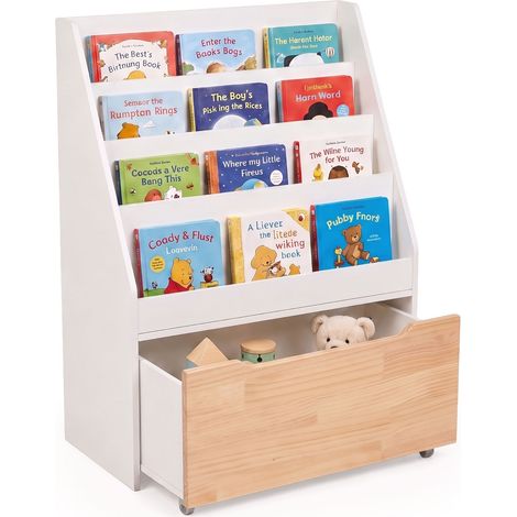 Relaxdays Scaffale per bambini, 80 x 60 x 30 cm, 4 scomparti per libri, cassettina con ruote, bianco/naturale (1/5)