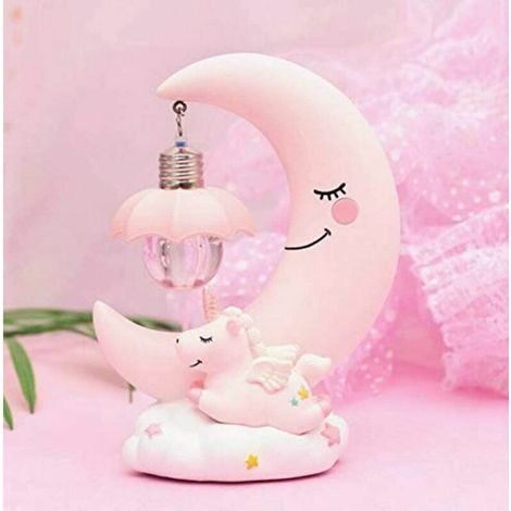 Veilleuse LED Résine Lune Licorne Dessin Animé Lampe de Chevet pour Enfants Enfant Fille Jouet Cadeau de Noël Décoration de Chambre d'Enfant (Rose) (1/5)