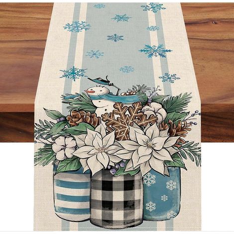 Chemin de table hivernal pour Pâques, bocal Mason, bonhomme de neige, pomme de pin, flocon de neige, rayures bleues, décoration de table pour la cuisine et la salle à manger, 33 x 229 cm (1/5)