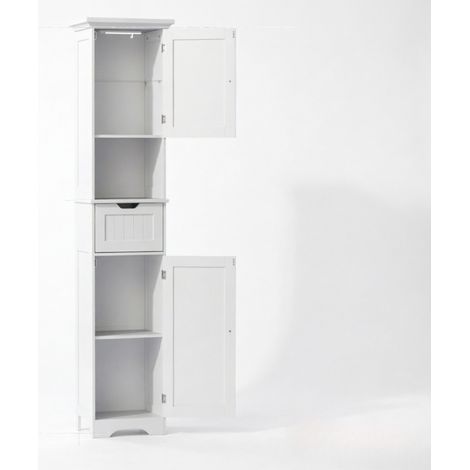 Mueble de baño alto y estrecho con LED, 2 puertas, cajón y estante abierto, blanco, MDF (1/5)