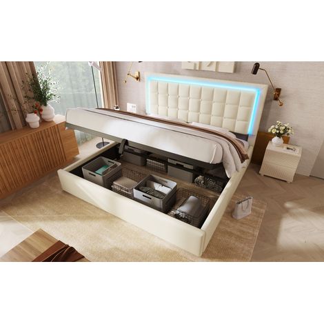 Cama de cofre 140x200 cm con LED y cabecero capitonado, en tela, blanco, colchón incluido (1/5)