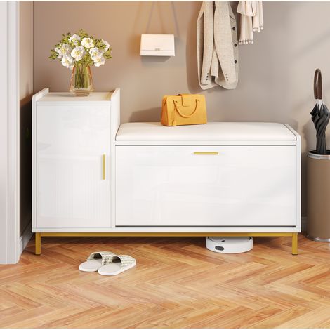 Schuhschrank (100 x 38 x 68 cm), mit Sitzkissen, verstecktem Schuhregal, Hochglanzfront, Spanplatte, Weiß Gold (1/5)