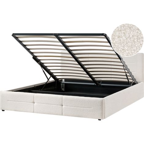 Cama con almacenaje escandinava moderna doble 180 x 200 cm elevable de bouclé blanco crema Massognes (1/5)