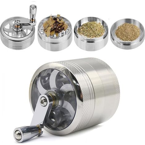 Kräutermühle, 61 mm Zinkmühle in 4 Teilen mit Griff, Pollenmühle, Gewürzmühle mit Doppelkammer und Pollenauffangbehälter (silber) (1/5)