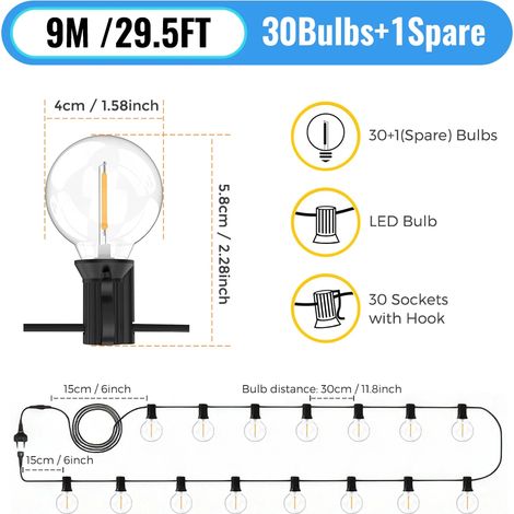 (9 m, 30 ampoules) Guirlande lumineuse féérique d'extérieur G40, lumière blanche chaude, convient aux jardins, mariages, fêtes et autres occasions. (1/5)