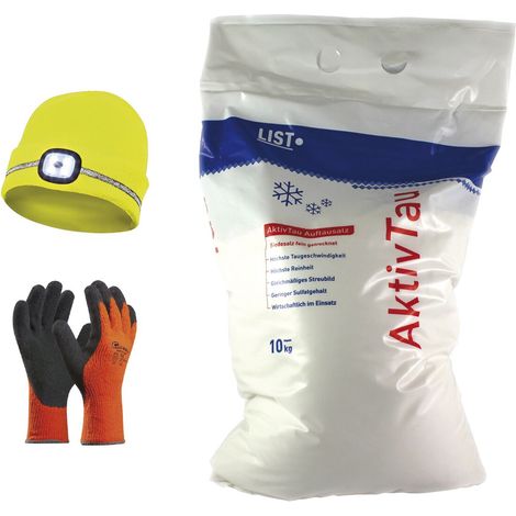 vasalat Streusalz 10kg - Auftausalz + Arbeitshandschuhe Winter Gr.10 + Mütze mit Led Licht