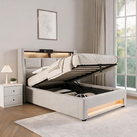Cadre de lit beige en lin 210 x 95 x 117 cm (1/5)