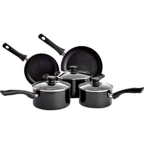 Ensemble de batterie de cuisine 5 pièces anti-adhésifs avec couvercles, pour plaques à induction, Noir (1/5)