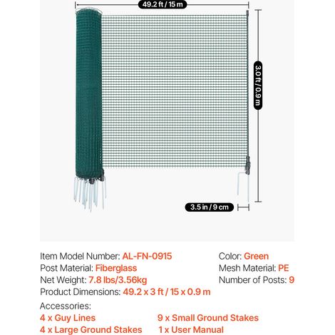VEVOR Temporary Fence with Posts, 3 x 49.2 FT Plastic Mesh Fencing, Garden Safety Fences Netting with Double-Spike Stakes & Guy Ropes, Temporary Fence for Dogs, Chickens, Plants, Outdoor Yards (1/4)