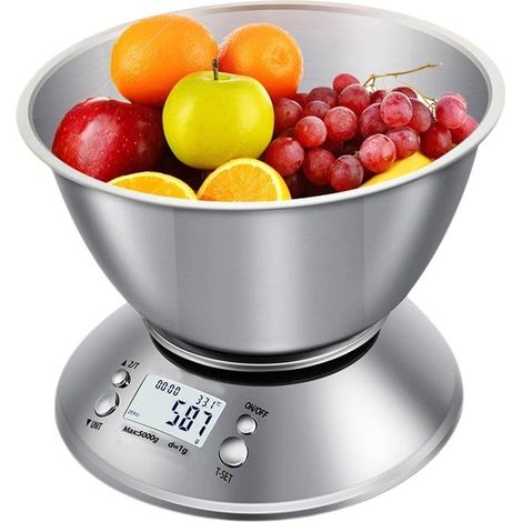 Balance de cuisine multifonctionnelle 5 kg avec écran LCD et bol en acier inoxydable, accessoire indispensable pour la cuisine. (1/5)