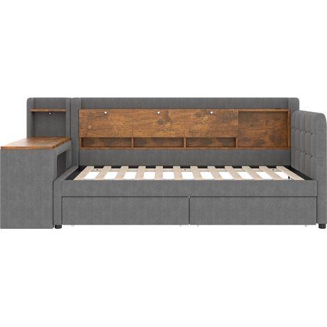 Lit de jour 90200cm, canapé-lit, avec 2 tiroirs, bureau, USB + Type C, compartiment de rangement à abattant, niche de rangement, lit avec sommier à lattes (sans matelas), lin, gris (1/5)