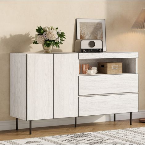 Sideboard 140x42x77 cm Weiß aus Holzwerkstoff mit grifflosen Türen, Soft-Close und offenen Regalen (1/5)