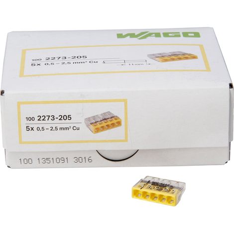 Kopp 33346423 Wago - Morsettiera per presa elettrica a 5 conduttori, 0,5-2,5 mm², confezione da 100 pezzi, colore: trasparente/giallo