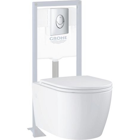Pack WC suspendu sans bride GROHE Start Round Ceramic + Abattant frein de chute + Bati support autoportant + Plaque carré chromé
