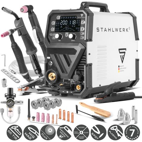 STAHLWERK Soldadora combinada 6 en 1 CTM-250 Puls Pro – TIG, MIG/MAG, MMA (Electrodo) & FLUX hasta 200 A, cortador de plasma (CUT) hasta 45 A, soldadora de gas protector, hilo sinérgico, pulso (1/5)